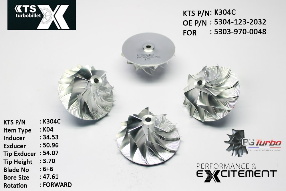 Turbo ROUE FORGÉE MFS PERFORMANCE - 6+6 PALES - INDUCER : 34,53 - EXDUCER : 50,96 - TYPE : K04ANGLE : 75° - ROTATION : Forward - SUPER BACK : 1,8 - BORE SIZE : 4,61
